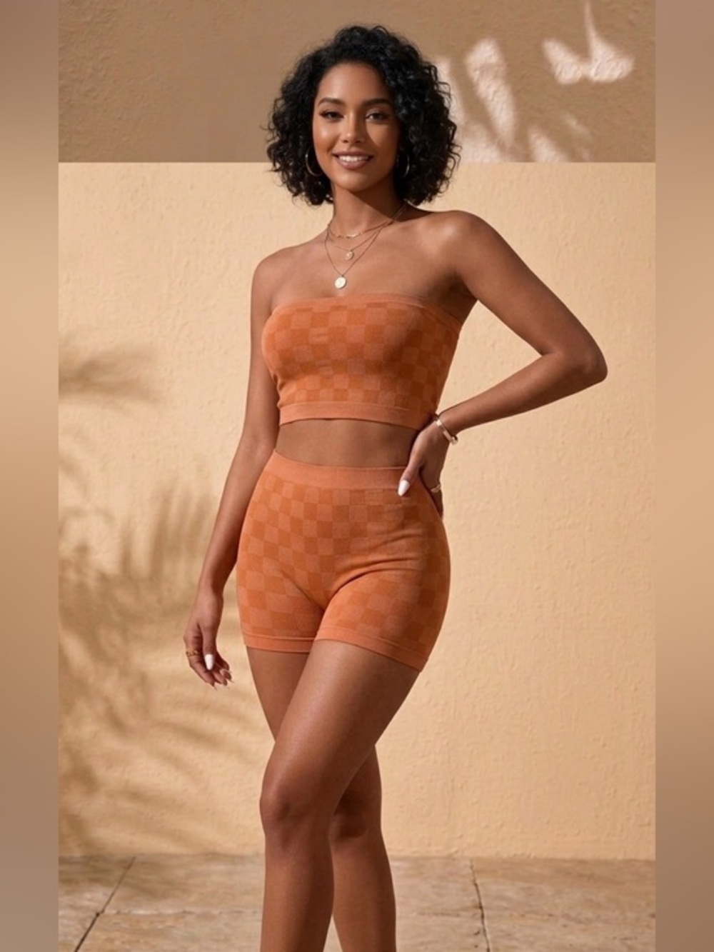 Seamless Checkerboard Bike Shorts & Crop Top Set- Orange Sz Medium